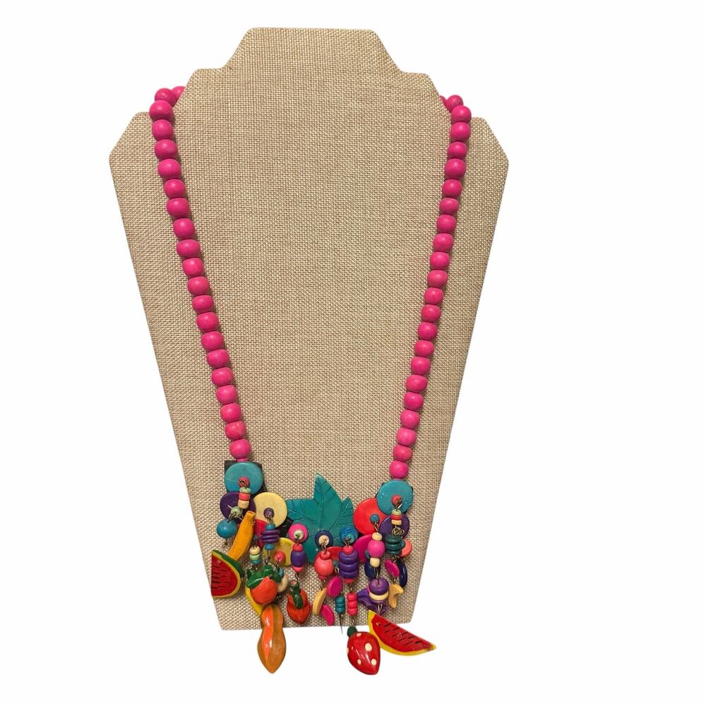 Vintage Wooden Tropical Colorful Fruit Beaded Chunky Statement Necklace Retro